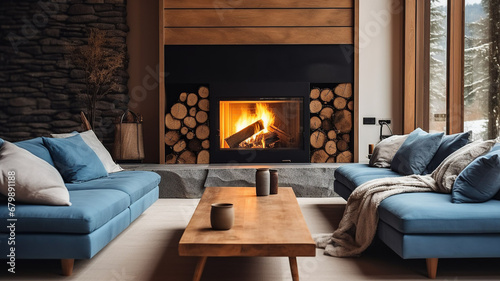 Two blue sofas near fireplace. Scandinavian home interior design of modern living room in chalet, Generative AI © Eduardo