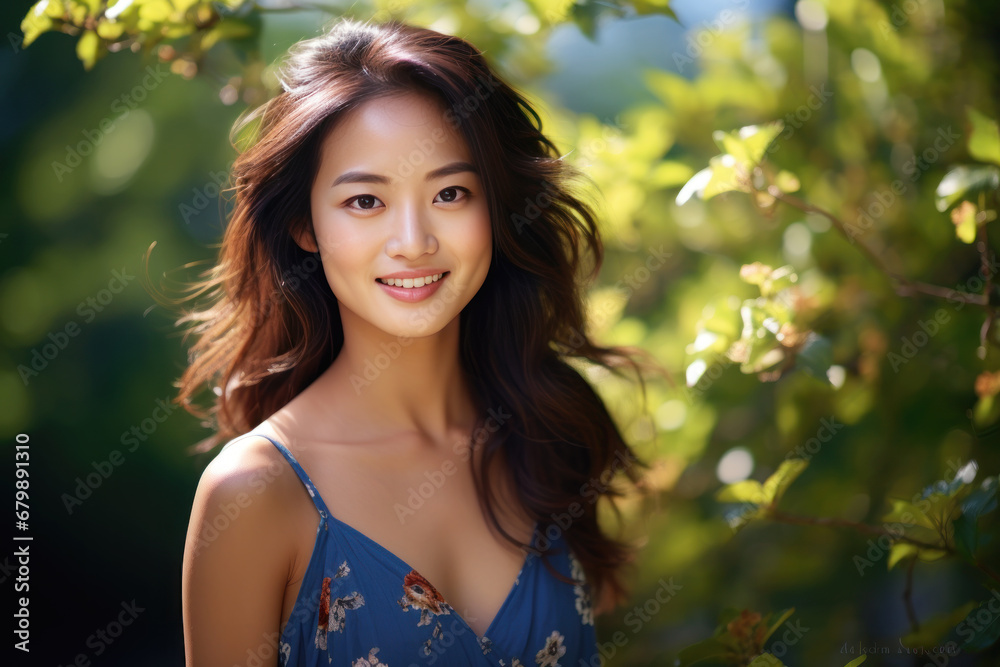 Asian woman model wearing a blue sundress in the garden Asian woman model wearing a blue sundress in the garden