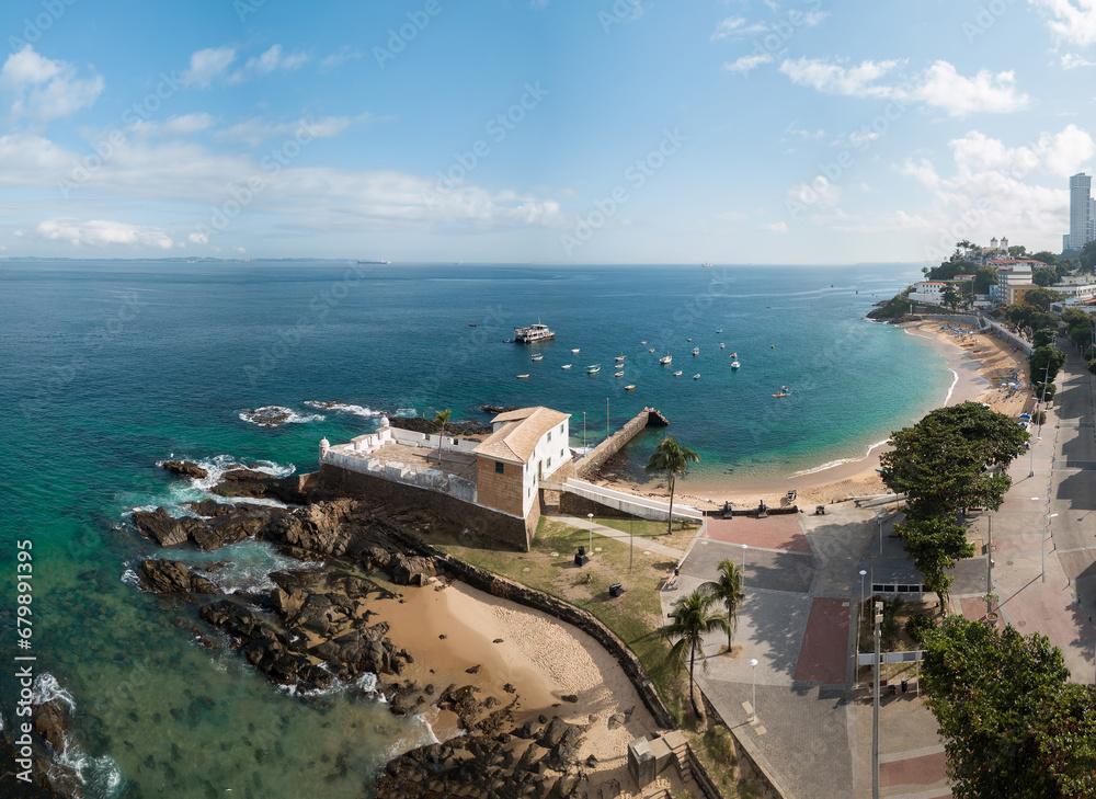 Fototapeta premium Drone aerial view of Porto da Barra beach in Savaldor Bahia Brazil.