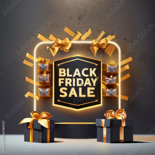 Black Friday Super Sale. Shelf and podium with realistic black gifts boxes with gold bows. Dark background golden text lettering in bright glowing neon frame. vector illustration