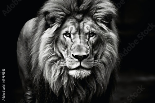 A male lion on a dark background in black and white.