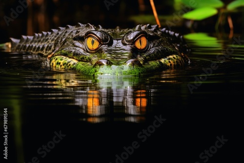 A mesmerizing alligator on a dark background.