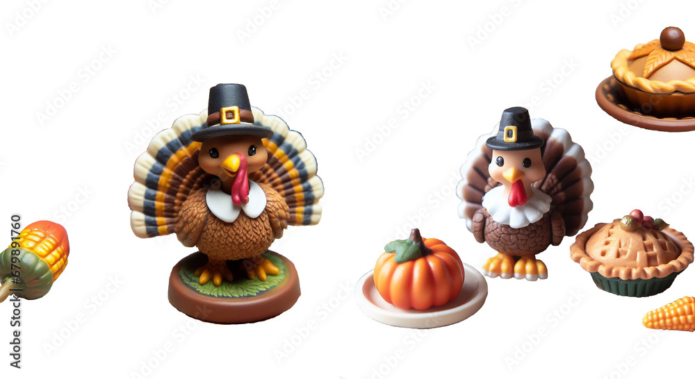 Figurine dinde de Thanksgiving  traditionnelle avec un chapeau de pèlerin sur la tête. Oiseau joyeux qui fait la roue avec les plumes de sa queue Tarte à la citrouille décoration automne objets isolés