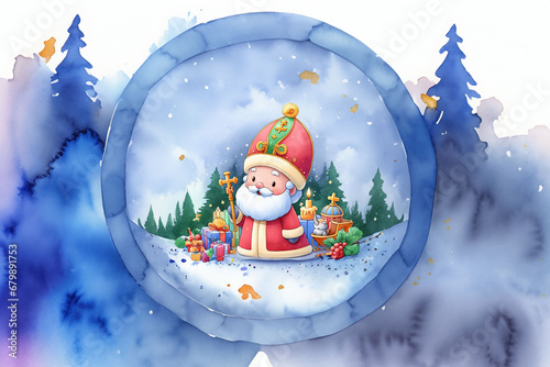 illustration aquarelle Saint Nicolas avec son manteau et sa crosse, célébré le 5 décembre en Europe, Fête chrétienne, distribuant des cadeaux aux enfants sages,  dans une forêt de sapin.