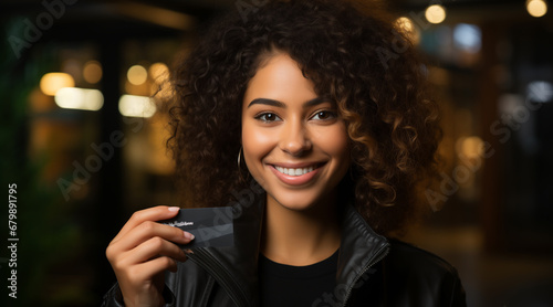 woman holding brasilian credit card, smilling and happy photo