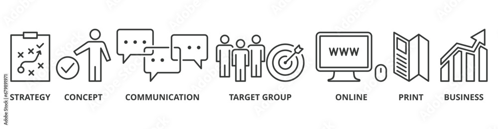 Marketing banner web icon vector illustration concept with icon of strategy, concept, communication, target group, online, print and business Marketing banner web icon vector illustration concept with icon of strategy, concept, communication, target group, online, print and business