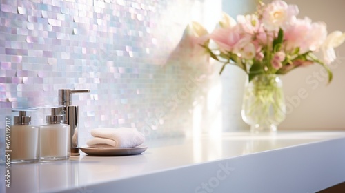 A close-up photograph of a bathroom wall adorned with iridescent mother-of-pearl tiles, reflecting soft hues of pink and blue, paired with elegant marble countertops,