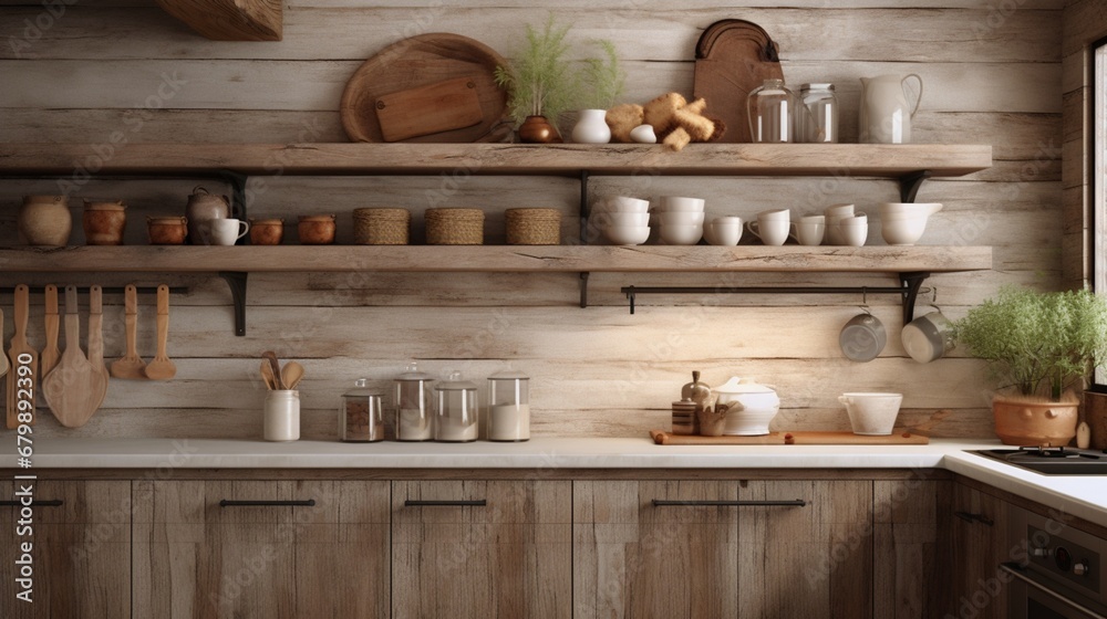 A rustic kitchen with walls displaying a weathered wood grain texture in a natural oak color, paired with distressed white cabinets and vintage copper cookware, exuding a charming farmhouse style.