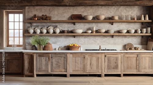 A rustic kitchen with walls displaying a weathered wood grain texture in a natural oak color, paired with distressed white cabinets and vintage copper cookware, exuding a charming farmhouse style.