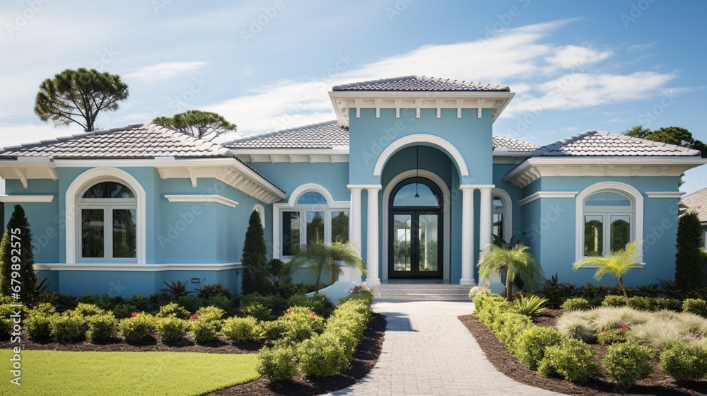 An exterior view of a home featuring a serene, light blue stucco finish that harmonizes with the surrounding landscape and a bright white trim for a fresh and coastal-inspired appearance.