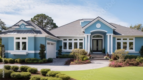 An exterior view of a home featuring a serene, light blue stucco finish that harmonizes with the surrounding landscape and a bright white trim for a fresh and coastal-inspired appearance.