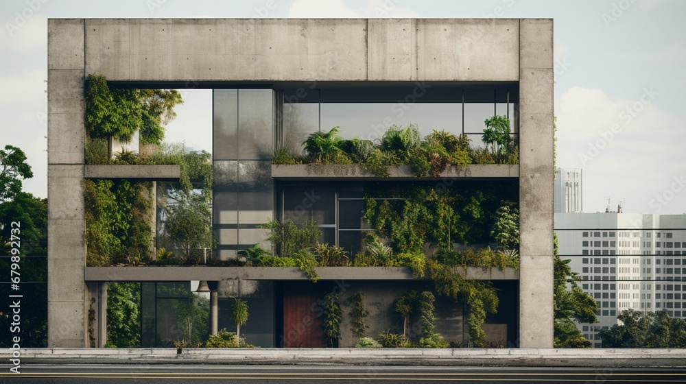 An image capturing the exterior of a modern urban apartment building with walls in a sleek concrete texture, juxtaposed against large glass windows and vibrant green foliage An image capturing the exterior of a modern urban apartment building with walls in a sleek concrete texture, juxtaposed against large glass windows and vibrant green foliage