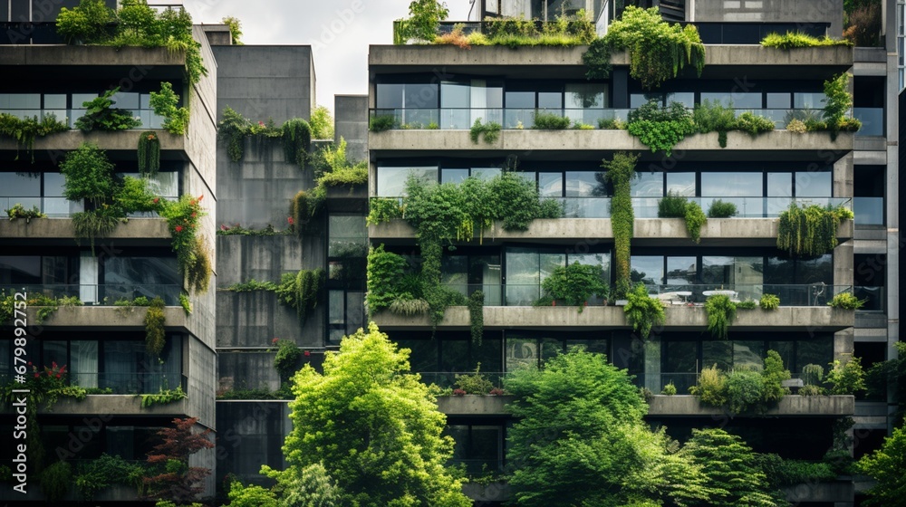 An image capturing the exterior of a modern urban apartment building with walls in a sleek concrete texture, juxtaposed against large glass windows and vibrant green foliage, An image capturing the exterior of a modern urban apartment building with walls in a sleek concrete texture, juxtaposed against large glass windows and vibrant green foliage,