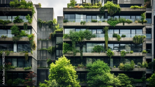 An image capturing the exterior of a modern urban apartment building with walls in a sleek concrete texture, juxtaposed against large glass windows and vibrant green foliage,