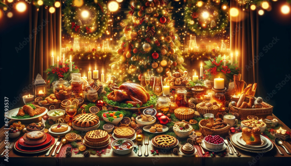 A festive Christmas dinner table, lavishly set with a variety of dishes and snacks, under the warm glow of holiday lights, seamlessly blending into the background without distinct edges. 