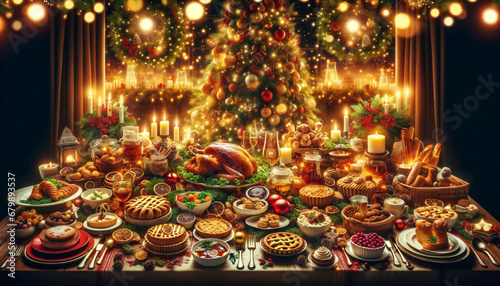 A festive Christmas dinner table, lavishly set with a variety of dishes and snacks, under the warm glow of holiday lights, seamlessly blending into the background without distinct edges. 