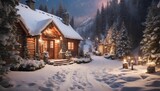A snowy path leading to a cozy cabin adorned with festive lights and wreaths. Generative AI