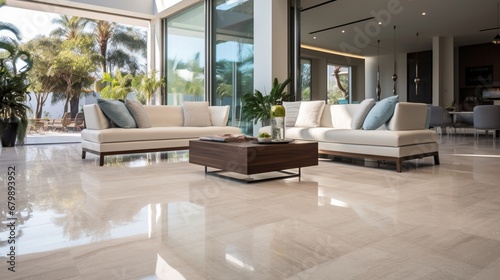 a modern interior featuring polished travertine floor tiles, offering a warm and inviting ambiance with their natural color variations. photo
