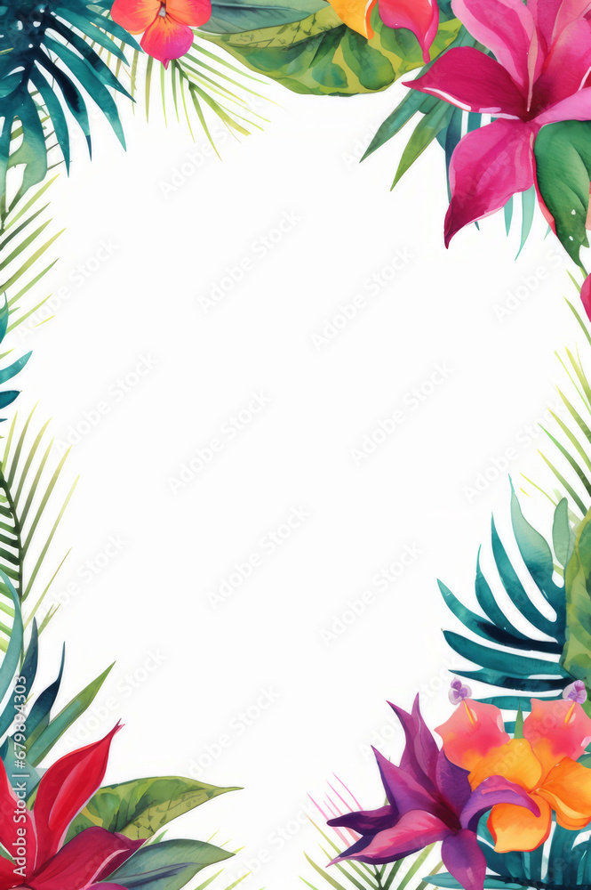 Tropical leaves and flowers frame border.