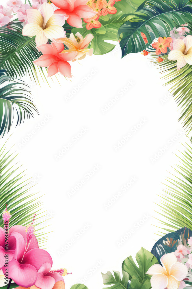 Tropical leaves and flowers frame border. Tropical leaves and flowers frame border.