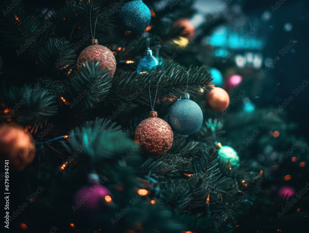 Christmas tree with decorations and ornaments. Christmas background.