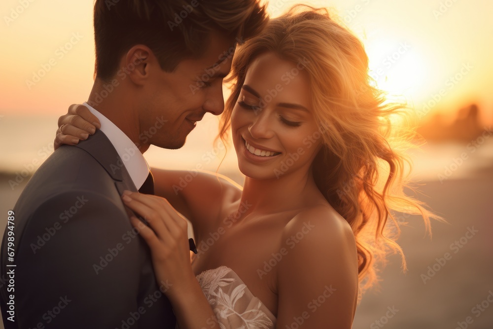 Sunset Bliss: Newlywed Couple Dancing with Joy and Laughter in the Glow of Love Sunset Bliss: Newlywed Couple Dancing with Joy and Laughter in the Glow of Love