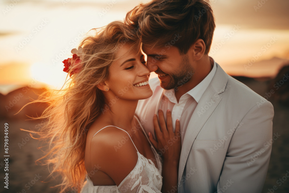 Sunset Bliss: Newlywed Couple Dancing with Joy and Laughter in the Glow of Love Sunset Bliss: Newlywed Couple Dancing with Joy and Laughter in the Glow of Love