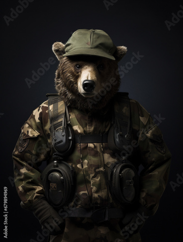 An Anthropomorphic Bear Dressed Up as a Soldier in a Camo Uniform