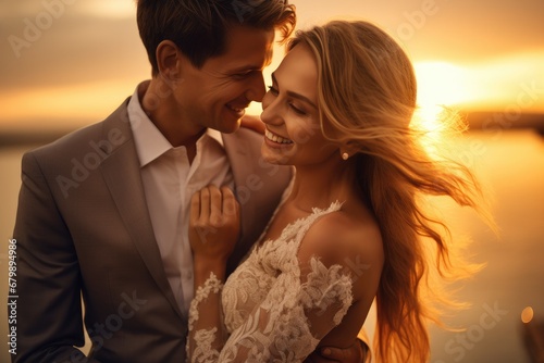 Sunset Bliss: Newlywed Couple Dancing with Joy and Laughter in the Glow of Love