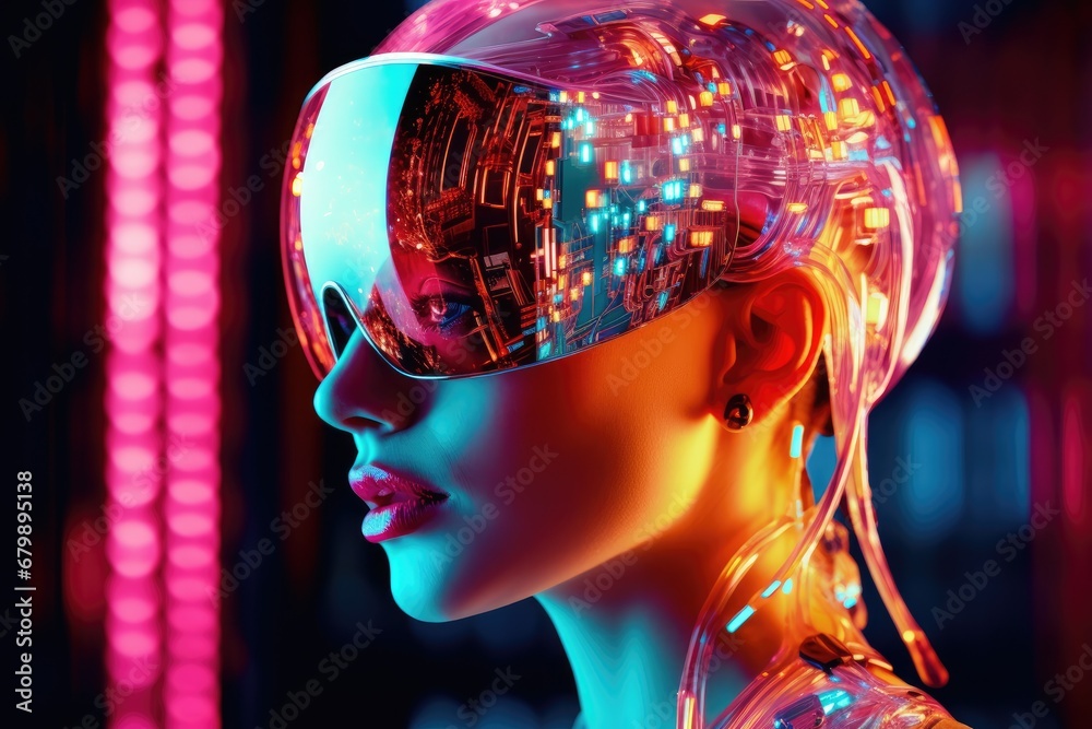 Neon Cyborg Elegance: Woman with Robotic Features and AI Enhancements Glows in Futuristic Cyberpunk Aesthetics. Neon Cyborg Elegance: Woman with Robotic Features and AI Enhancements Glows in Futuristic Cyberpunk Aesthetics.
