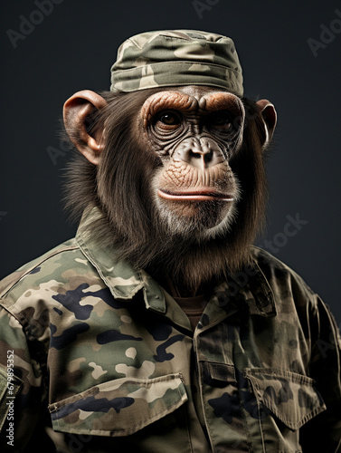 An Anthropomorphic Monkey Dressed Up as a Soldier in a Camo Uniform