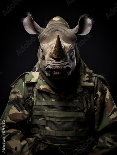 An Anthropomorphic Rhino Dressed Up as a Soldier in a Camo Uniform