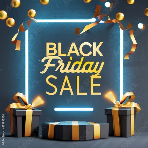 Black Friday Super Sale. Shelf with black gifts boxes with gold bows. Dark background golden text lettering in bright glowing neon frame. vector illustration