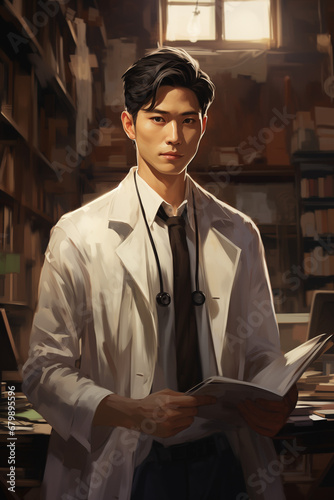 A serious Chinese male doctor with shelves of books behind him. Generative AI. 