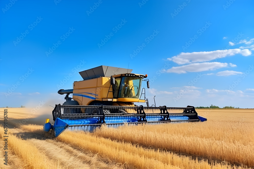 Fototapeta premium Agricultural Machinery Harvesting Barley in a Green Field