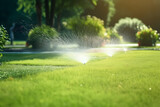 Sprinkler in a Green Field Watering the Grass in the Sunlight