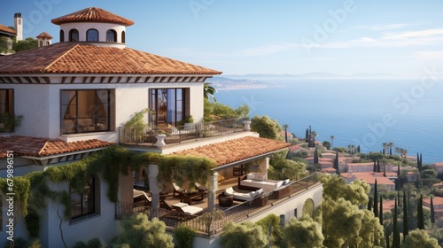 A Mediterranean villa perched on a hill, with terracotta roof tiles and a panoramic view of the Mediterranean Sea. © ZUBI CREATIONS
