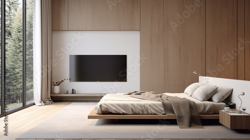 A minimalist bedroom with a flat-panel TV seamlessly integrated into a white, untextured wall, creating a seamless and clutter-free look. photo