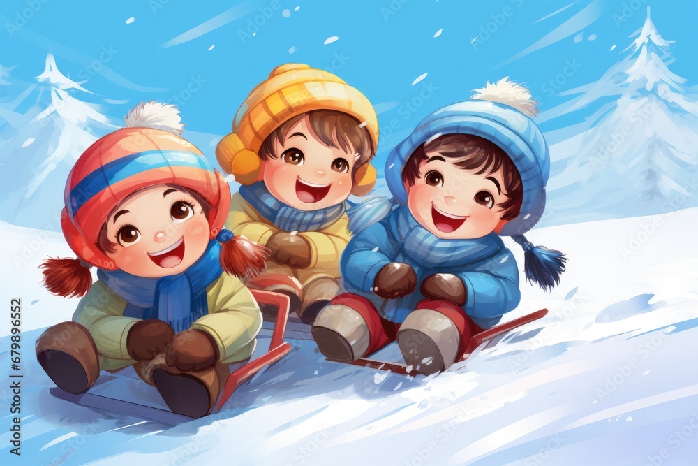 Snowy Laughter: Illustration of Joyful Children Playing and Sledding in Winter Wonderland, Dressed in Cozy Winter Attire