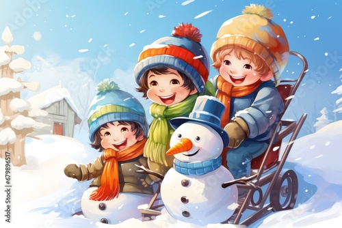 Snowy Laughter: Illustration of Joyful Children Playing and Sledding in Winter Wonderland, Dressed in Cozy Winter Attire