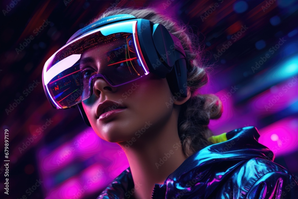 Neon Dreams: Futuristic Portrait of a Girl in VR Glasses Exploring a Digital Wonderland Neon Dreams: Futuristic Portrait of a Girl in VR Glasses Exploring a Digital Wonderland