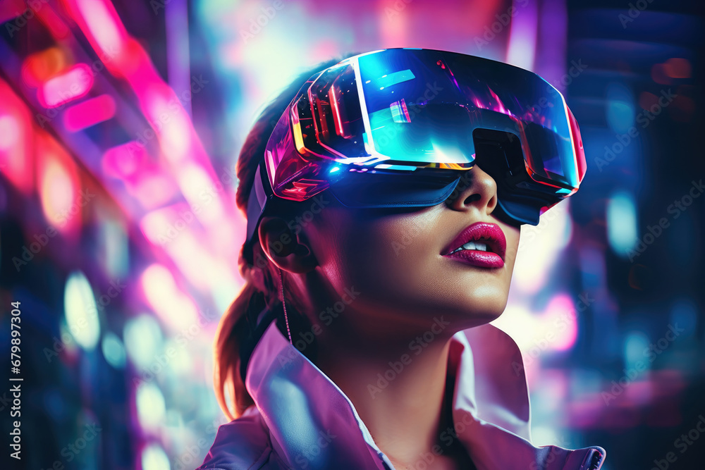 Neon Dreams: Futuristic Portrait of a Girl in VR Glasses Exploring a Digital Wonderland Neon Dreams: Futuristic Portrait of a Girl in VR Glasses Exploring a Digital Wonderland