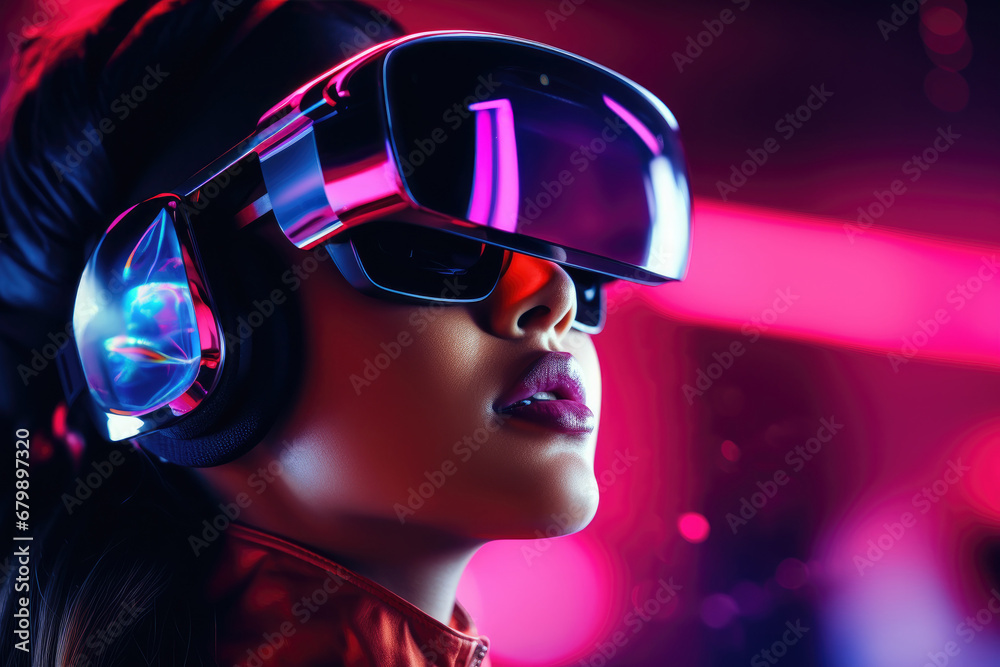 Neon Dreams: Futuristic Portrait of a Girl in VR Glasses Exploring a Digital Wonderland Neon Dreams: Futuristic Portrait of a Girl in VR Glasses Exploring a Digital Wonderland