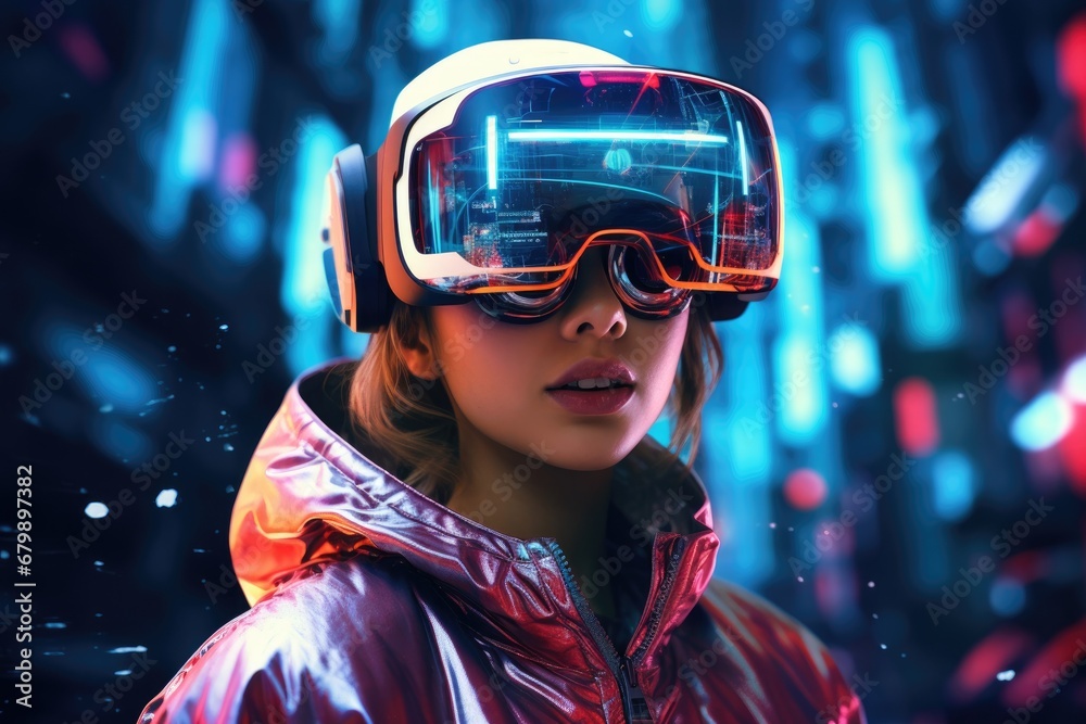 Neon Dreams: Futuristic Portrait of a Girl in VR Glasses Exploring a Digital Wonderland