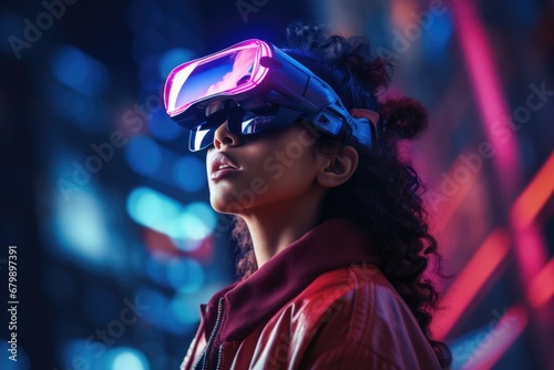 Neon Dreams: Futuristic Portrait of a Girl in VR Glasses Exploring a Digital Wonderland