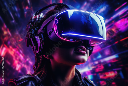 Neon Dreams: Futuristic Portrait of a Girl in VR Glasses Exploring a Digital Wonderland © AiAgency