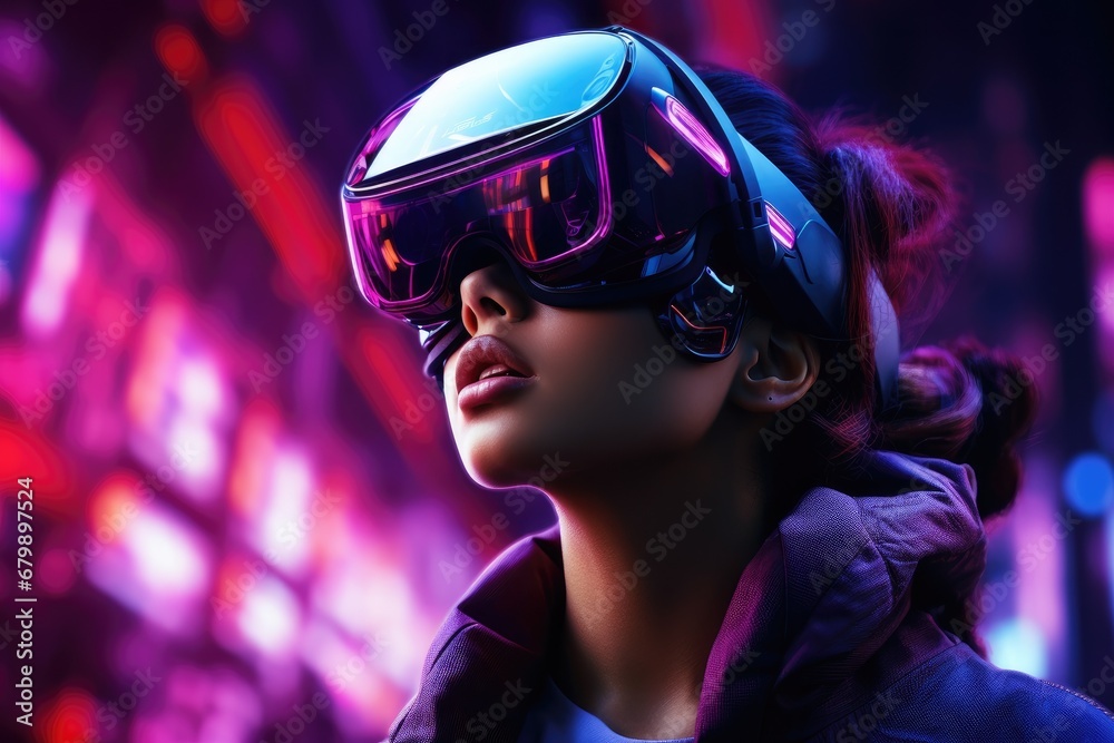 Neon Dreams: Futuristic Portrait of a Girl in VR Glasses Exploring a Digital Wonderland Neon Dreams: Futuristic Portrait of a Girl in VR Glasses Exploring a Digital Wonderland