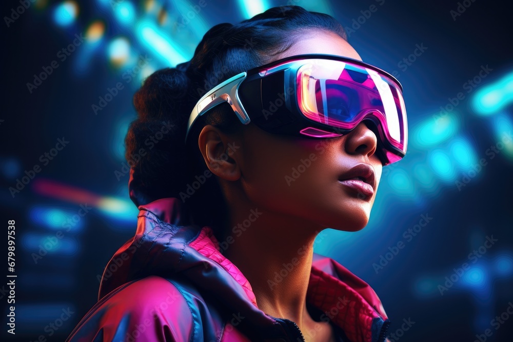 Neon Dreams: Futuristic Portrait of a Girl in VR Glasses Exploring a Digital Wonderland Neon Dreams: Futuristic Portrait of a Girl in VR Glasses Exploring a Digital Wonderland
