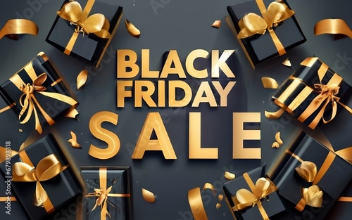Black Friday Super Sale. Black gift boxes with gold ribbons. Dark background with bright gold text letters.