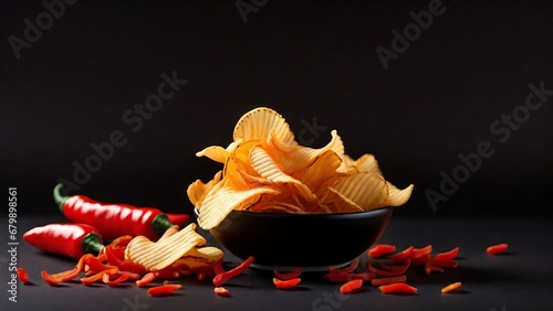 Potato Chips With Spice And Pepper Around - On Black Background. Fast Food.